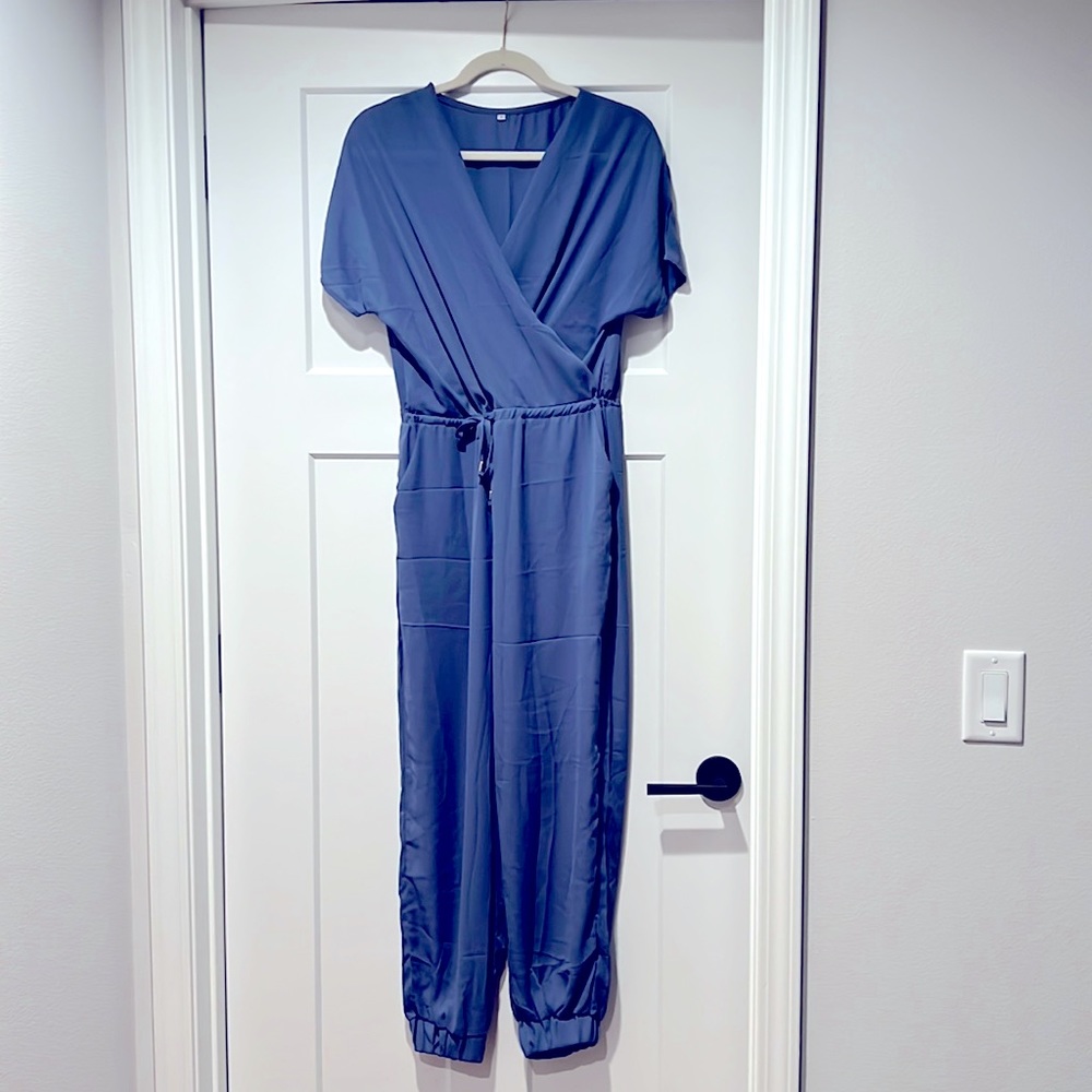 Blue V-Neck Short Sleeve Jumpsuit